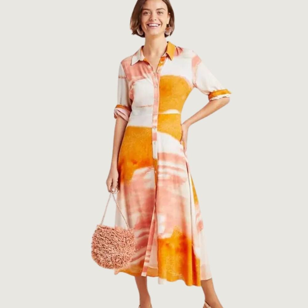 DOLAN LEFT COAST x ANTHROPOLOGIE Cora Maxi Shirtdress Orange Cream Tie-Dye Print